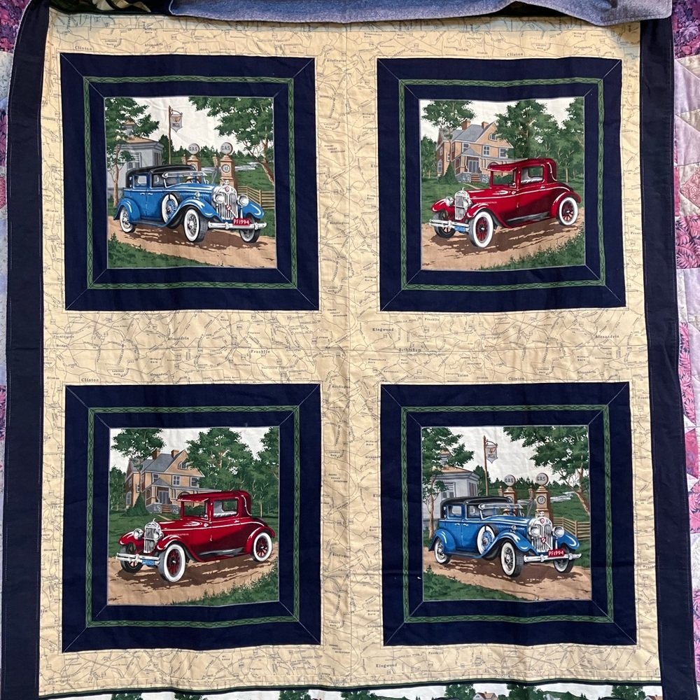 Classic Vintage Car Quilted Throw - Handmade- Panel Design Baby Quilt